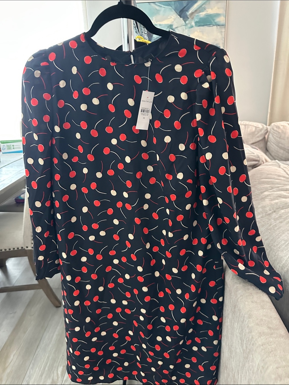 Ann Taylor Black Long Sleeve Shift Dress with Red and Cream Cherry Print